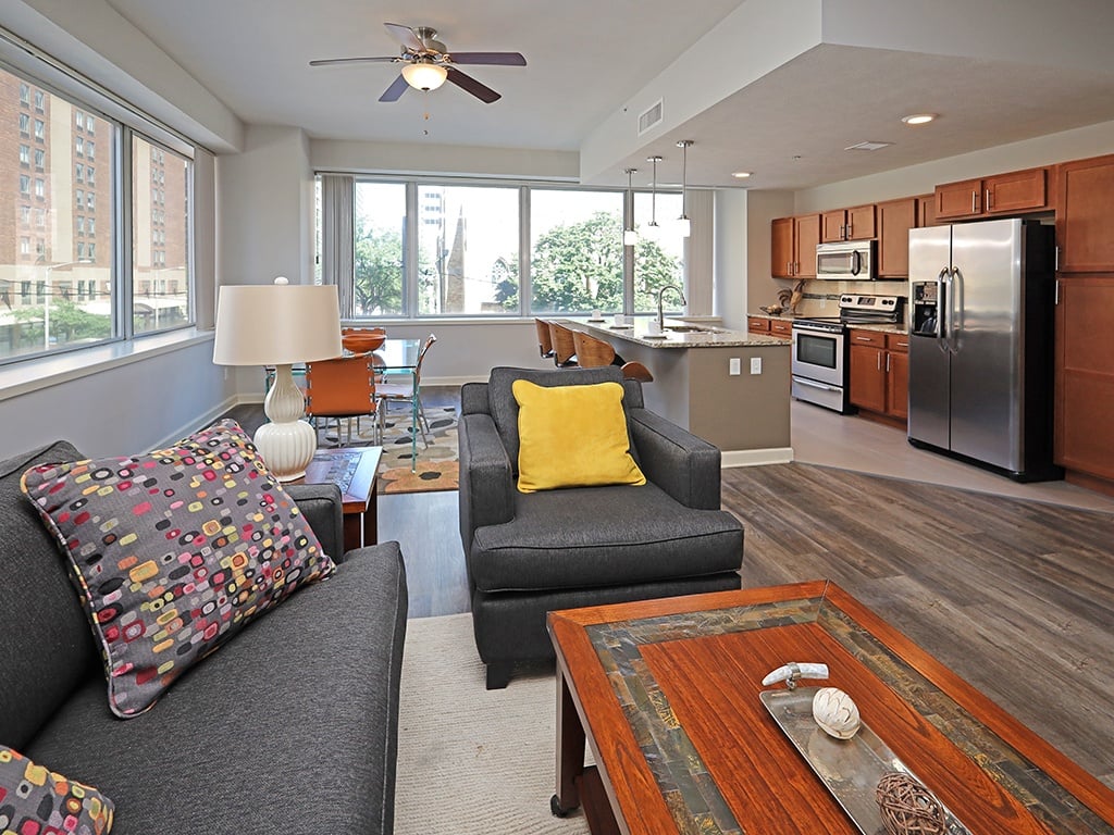 a living room with a couch and a table
